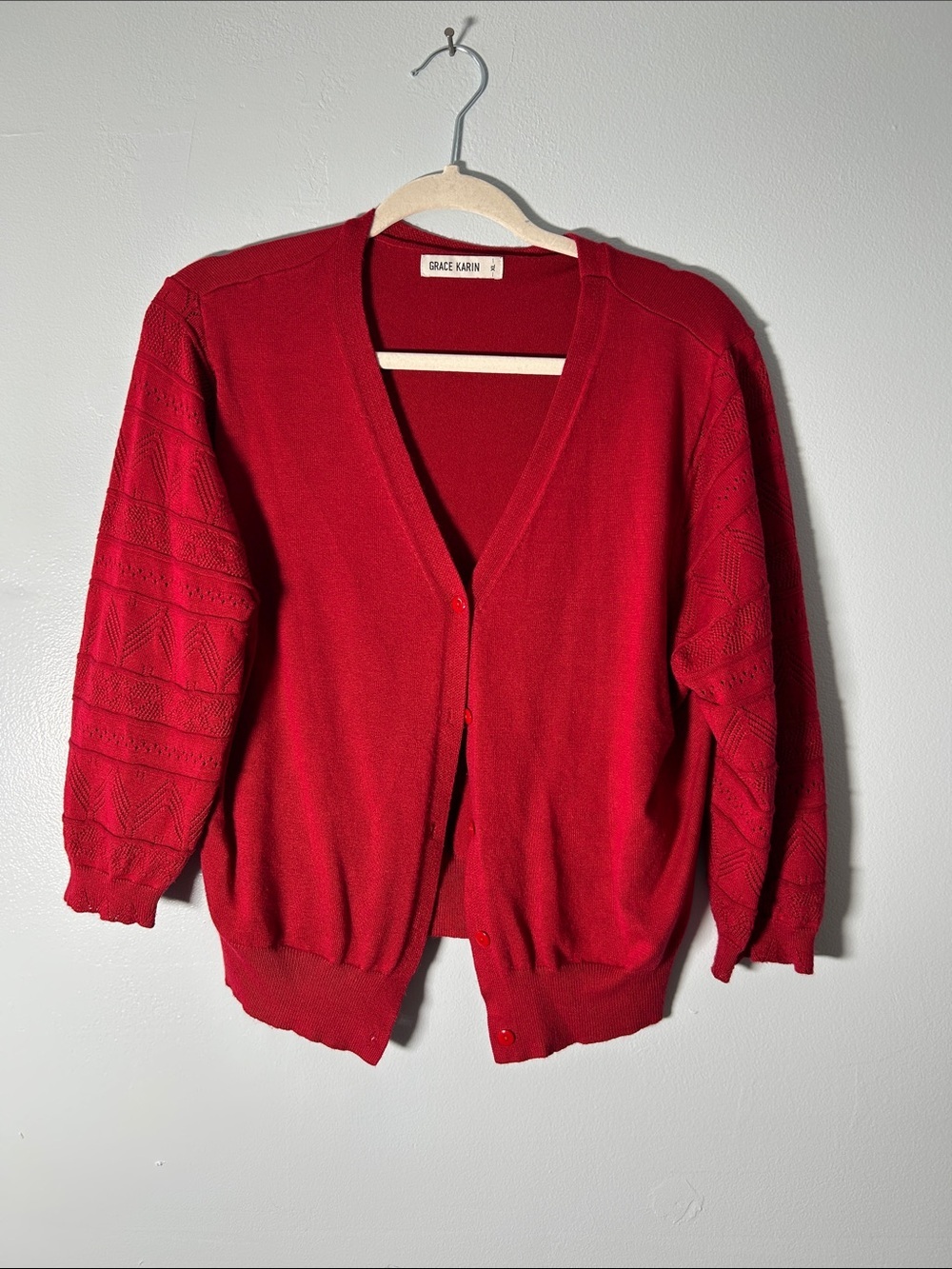 Grace Karin Bright Red Textured Sleeve V-Neck Cardigan